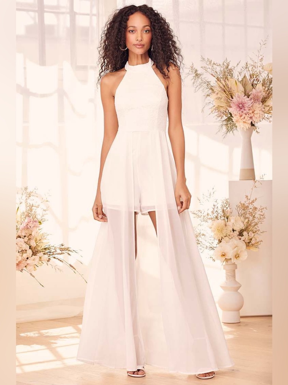 NWT Lulus Love Speaks White Lace Halter Maxi Romper